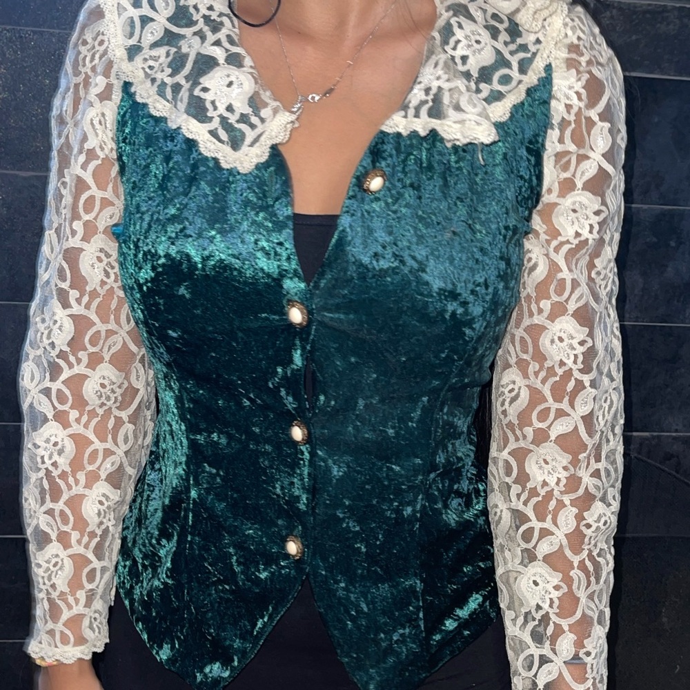 Vintage lace velvet green 80s button blouse - Picture 11 of 12